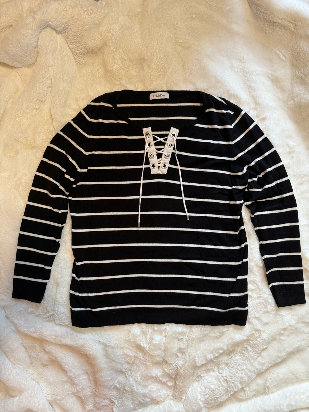Calvin Klein Women’s Black and White Striped Knit Top